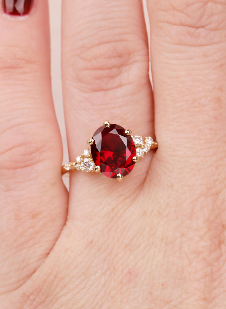 Oval Lab Ruby Engagement Ring, Diamond Cluster, 18K Yellow Gold