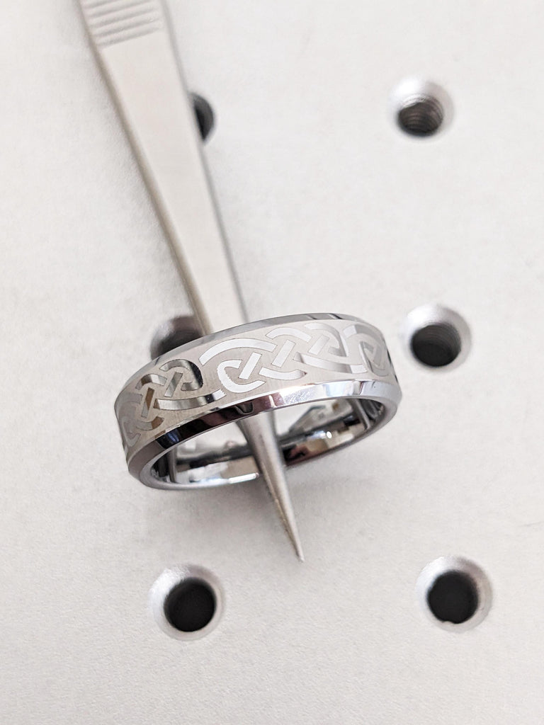 Irish Celtic Knot Ring, Beveled Edge Tungsten Band, Men's Engagement Ring, Silver Wedding Anniversary Ring