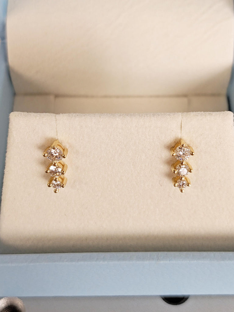 18k Solid Gold Stud Earrings, Prong Setting Three Stone Diamond Earrings for Women, Dainty Everyday Jewelry, Push Back Bridal Earrings image #10
