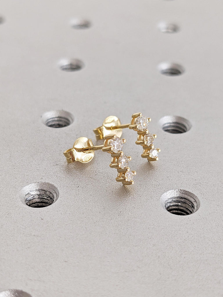 18k Solid Gold Stud Earrings, Prong Setting Three Stone Diamond Earrings for Women, Dainty Everyday Jewelry, Push Back Bridal Earrings image #6