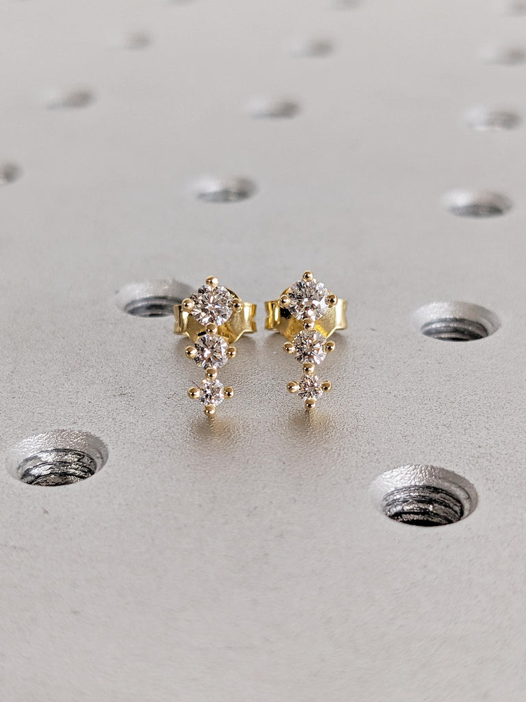 Minimalist Earrings, Three Stone Lab Diamond Earrings, 18k Gold Stud Earring image #3
