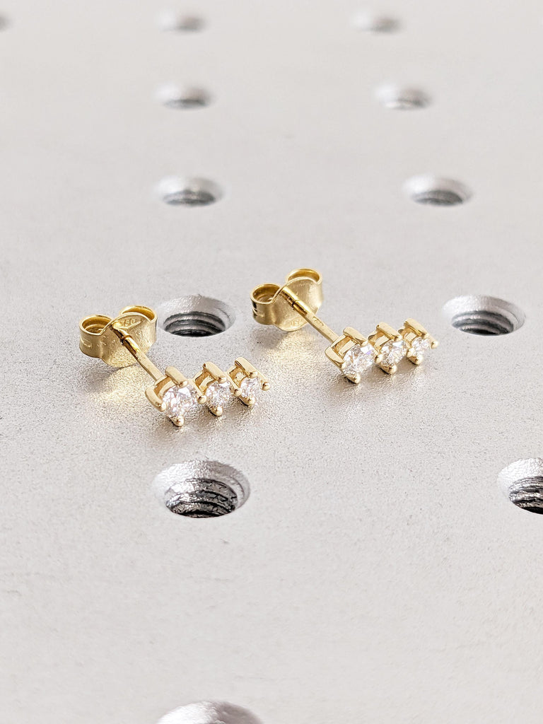 18k Solid Gold Stud Earrings, Prong Setting Three Stone Diamond Earrings for Women, Dainty Everyday Jewelry, Push Back Bridal Earrings image #7