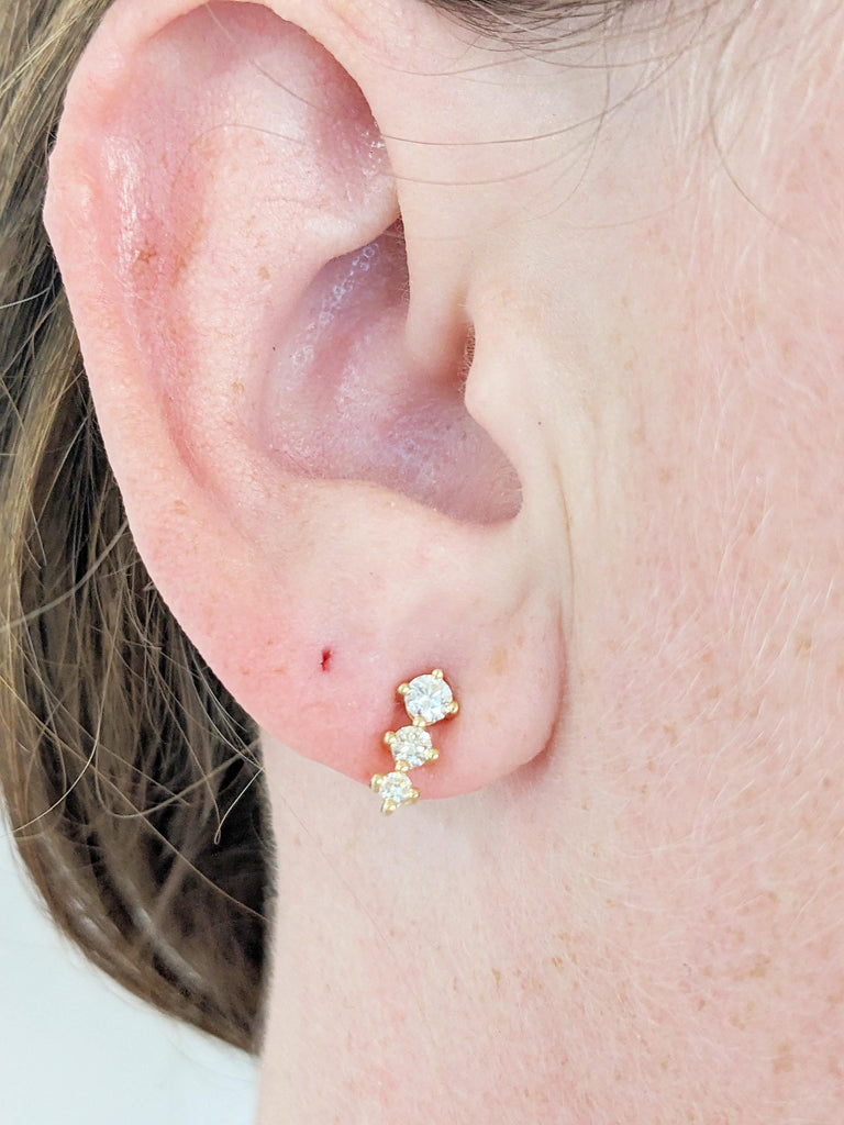 18k Solid Gold Stud Earrings, Prong Setting Three Stone Diamond Earrings for Women, Dainty Everyday Jewelry, Push Back Bridal Earrings image #8
