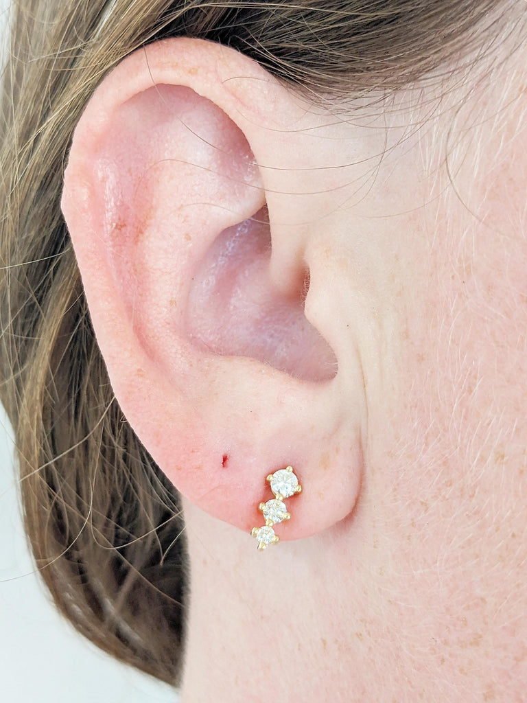 18k Solid Gold Stud Earrings, Prong Setting Three Stone Diamond Earrings for Women, Dainty Everyday Jewelry, Push Back Bridal Earrings image #2