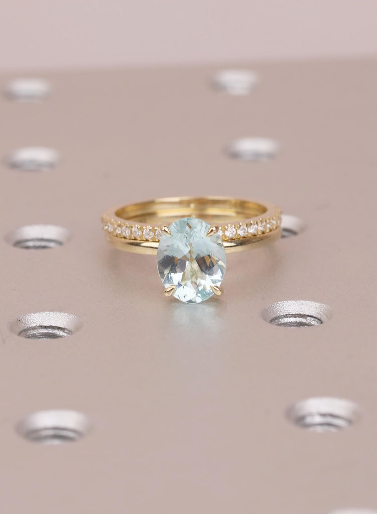 14K Gold Oval Bridal Ring Set, Aquamarine Engagement Rings, Gold Pave Lab Diamond Wedding Band, Elegant Custom Jewelry, Wedding Ring Set