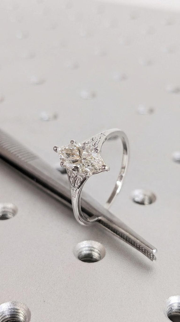 Silver Heirloom Lab Diamond Engagement Ring, Marquise Cut Victorian Filigree Band, Antique Proposal Ring, Women's Wedding Anniversary Ring image #3