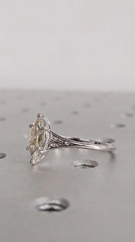 Silver Heirloom Lab Diamond Engagement Ring, Marquise Cut Victorian Filigree Band, Antique Proposal Ring, Women's Wedding Anniversary Ring image #2
