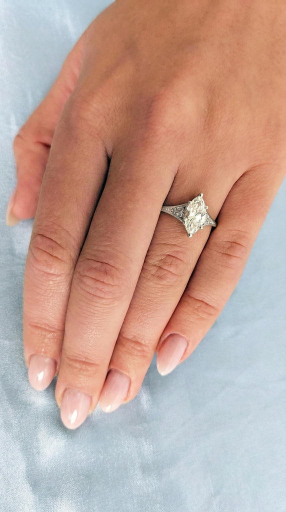 Silver Heirloom Lab Diamond Engagement Ring, Marquise Cut Victorian Filigree Band, Antique Proposal Ring, Women's Wedding Anniversary Ring image #7