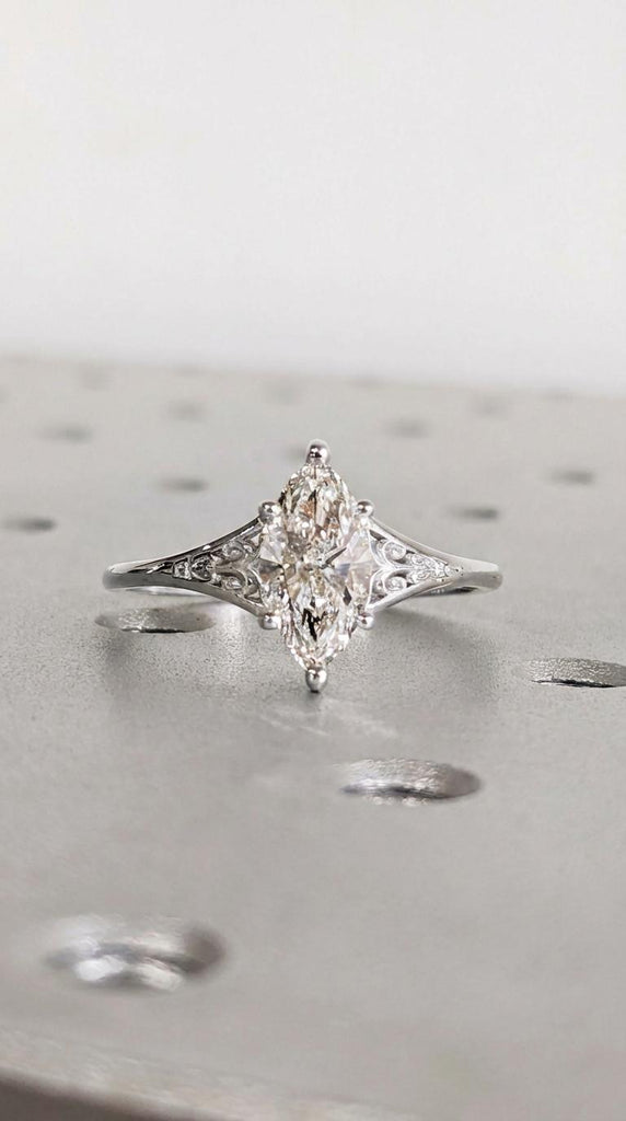Silver Heirloom Lab Diamond Engagement Ring, Marquise Cut Victorian Filigree Band, Antique Proposal Ring, Women's Wedding Anniversary Ring