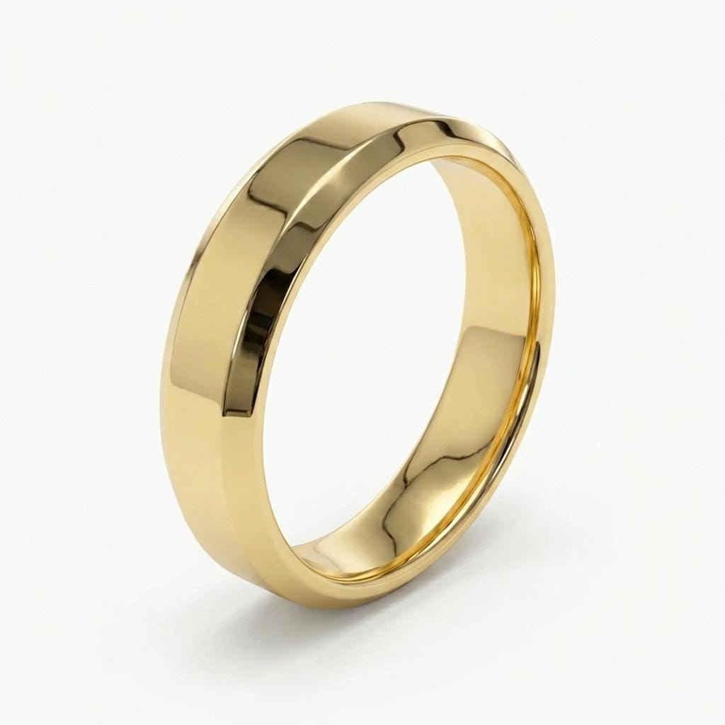 Domed 14k Yellow Gold Tungsten Ring Mens Beveled Wedding Band Ring, 5 mm, Yellow gold tungsten band Comfort Fit Shiny Polished