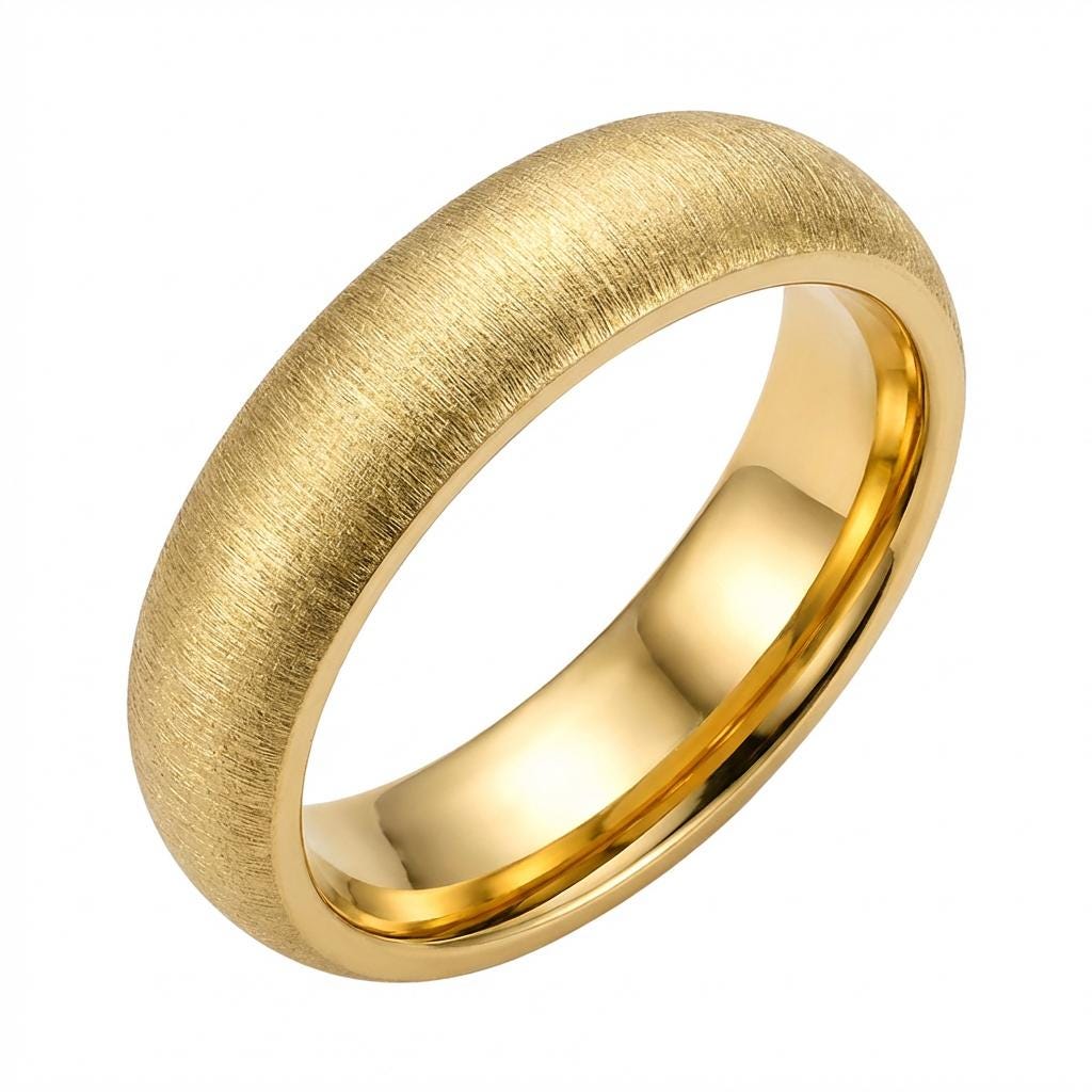 Domed 14k Yellow Gold Tungsten Ring Mens Brushed Matte Wedding Band Ring, 5 mm, Yellow gold tungsten band Comfort Fit