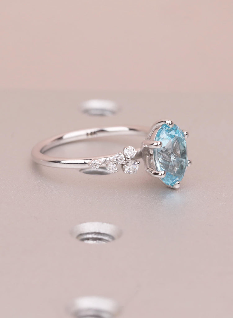 Oval Aquamarine Engagement Ring for Women, Snowdrift 6 Prongs Cluster Ring, March Birthstone Promise Ring, Blue Gemstone Solid Gold Ring image #2