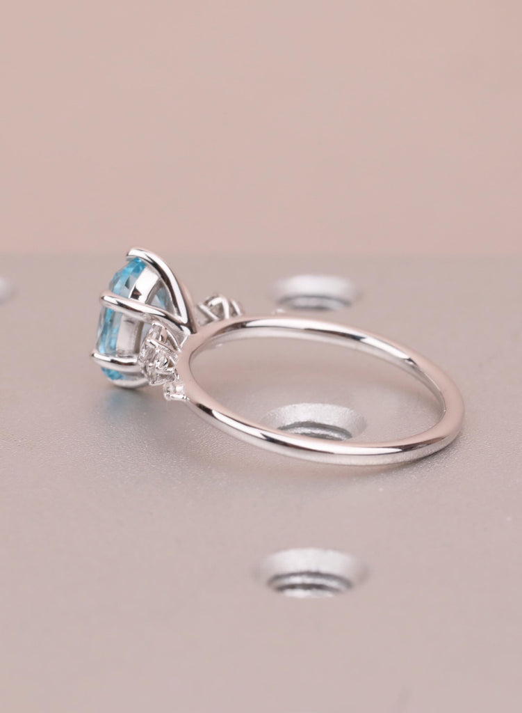 Oval Aquamarine Engagement Ring for Women, Snowdrift 6 Prongs Cluster Ring, March Birthstone Promise Ring, Blue Gemstone Solid Gold Ring image #7