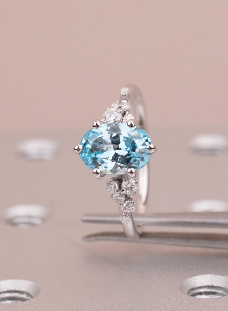 Oval Aquamarine Engagement Ring for Women, Snowdrift 6 Prongs Cluster Ring, March Birthstone Promise Ring, Blue Gemstone Solid Gold Ring image #4