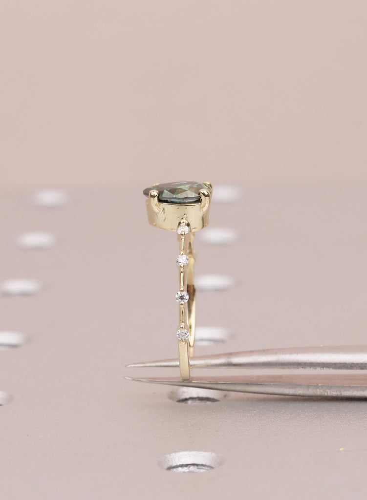 Pear Green Moissanite Engagement Ring, 14k/18K Yellow Gold, Round Moissanite Diamond Gold Band image #12