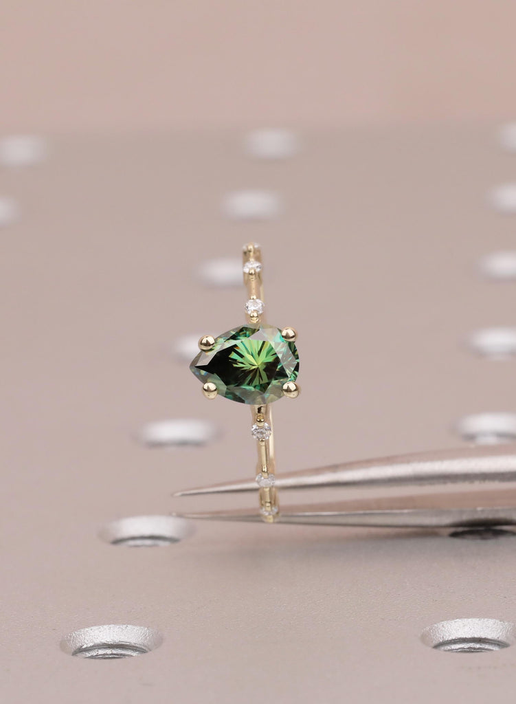 Pear Green Moissanite Engagement Ring, 14k/18K Yellow Gold, Round Moissanite Diamond Gold Band image #10