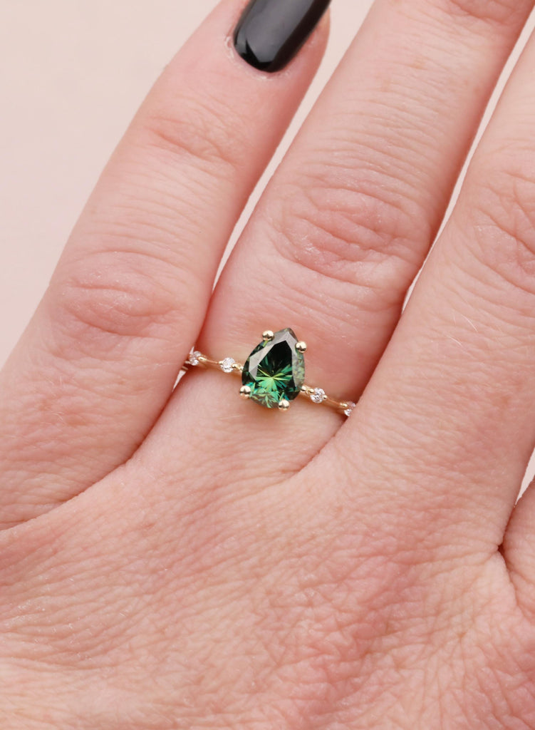 Pear Green Moissanite Engagement Ring, 14k/18K Yellow Gold, Round Moissanite Diamond Gold Band image #3