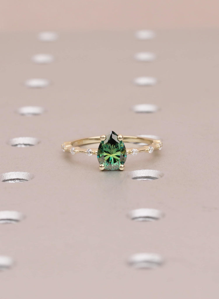 Pear Green Moissanite Engagement Ring, 14k/18K Yellow Gold, Round Moissanite Diamond Gold Band image #2