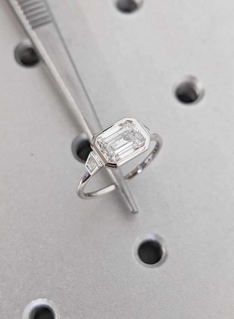Emerald Cut Handmade IGI Certified Lab Diamond Engagement Ring, 14K/18K Gold Bezel Set Diamond Wedding Ring, Diamond Tapered Baguette Sides