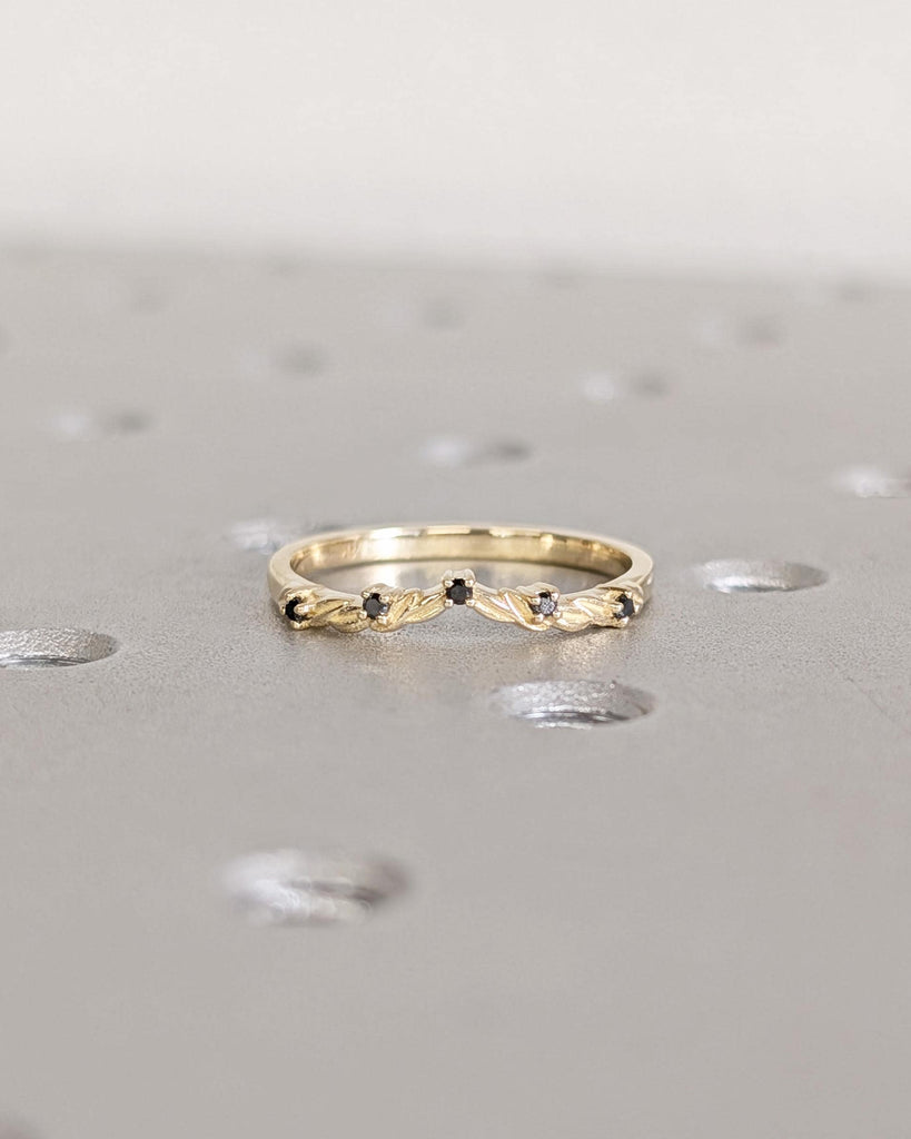 Black Diamond Curved Wedding Band: Platinum or Gold Leaf Ring, Branch Twig Nature Wedding Ring, Stacking Ring, Matching Band image #3