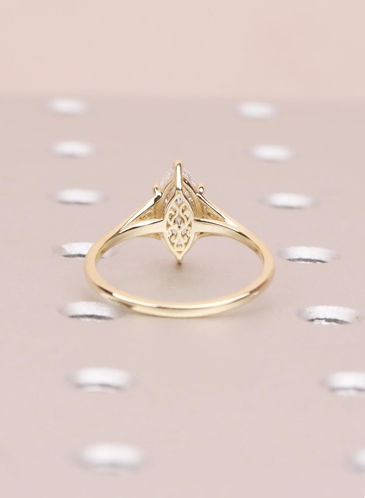 Gold Heirloom Lab Diamond Engagement Ring, Marquise Cut Victorian Filigree Band, Antique Proposal Ring, Women's Wedding Anniversary Ring image #2