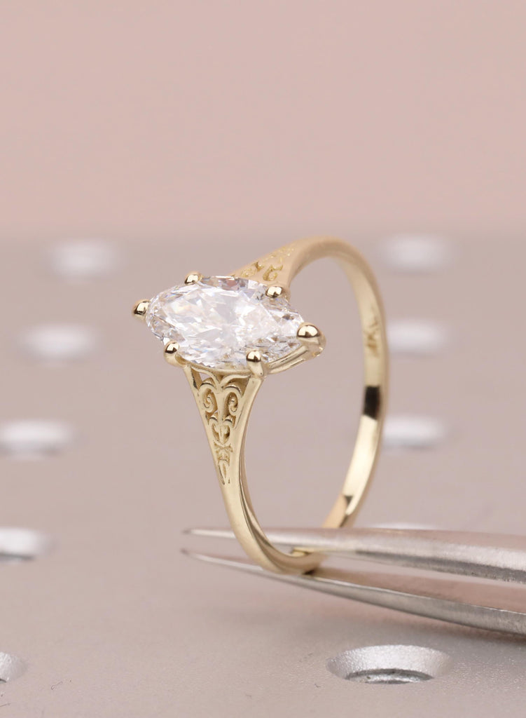 Gold Heirloom Lab Diamond Engagement Ring, Marquise Cut Victorian Filigree Band, Antique Proposal Ring, Women's Wedding Anniversary Ring image #3