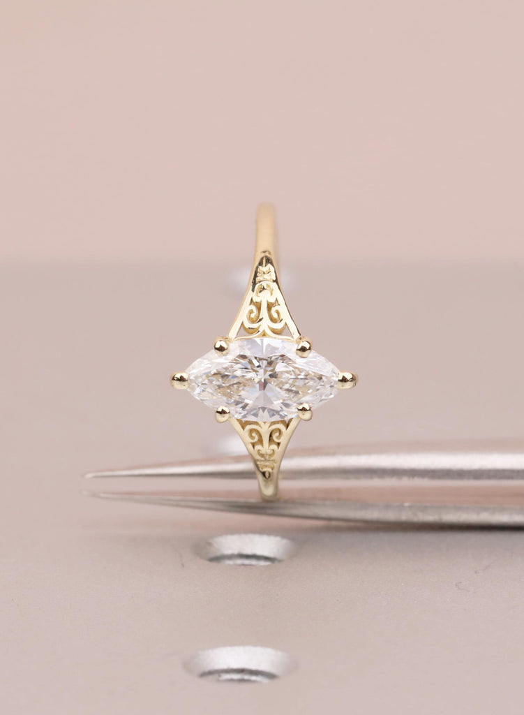 Gold Heirloom Lab Diamond Engagement Ring, Marquise Cut Victorian Filigree Band, Antique Proposal Ring, Women's Wedding Anniversary Ring image #4
