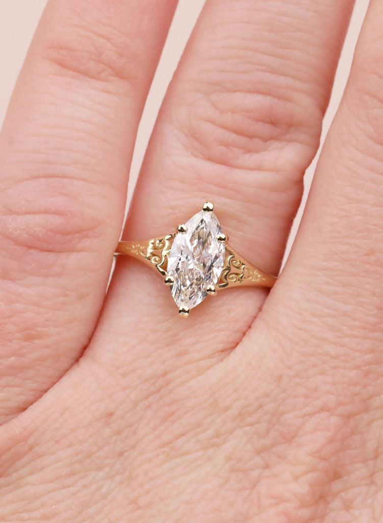 Gold Heirloom Lab Diamond Engagement Ring, Marquise Cut Victorian Filigree Band, Antique Proposal Ring, Women's Wedding Anniversary Ring image #7