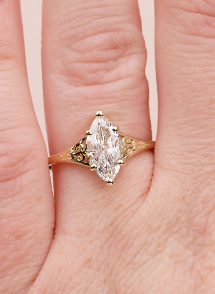 Gold Heirloom Lab Diamond Engagement Ring, Marquise Cut Victorian Filigree Band, Antique Proposal Ring, Women's Wedding Anniversary Ring image #8