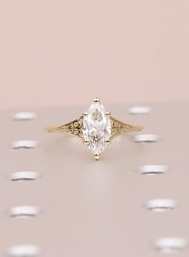 Gold Heirloom Lab Diamond Engagement Ring, Marquise Cut Victorian Filigree Band, Antique Proposal Ring, Women's Wedding Anniversary Ring