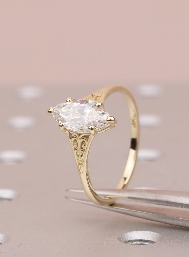 Victorian Style Marquise Cut Moissanite Ring, Antique Filigree Engraved Band, 14K Yellow Gold Heirloom Engagement Ring image #3