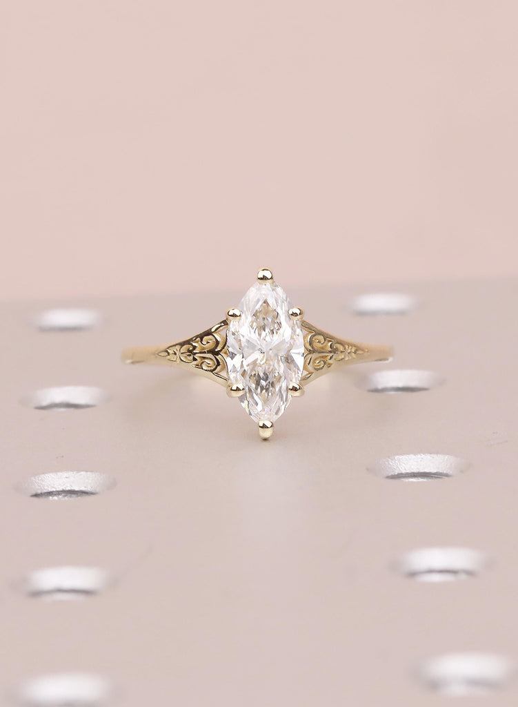 Victorian Style Marquise Cut Moissanite Ring, Antique Filigree Engraved Band, 14K Yellow Gold Heirloom Engagement Ring image #9