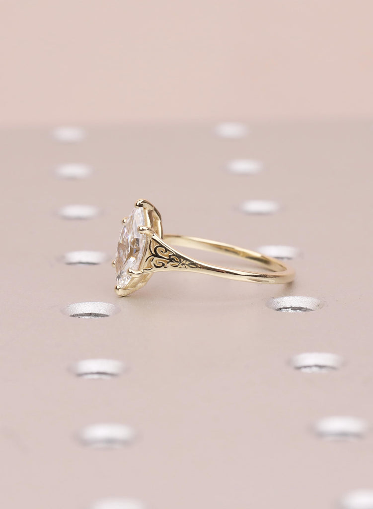 Victorian Style Marquise Cut Moissanite Ring, Antique Filigree Engraved Band, 14K Yellow Gold Heirloom Engagement Ring image #10