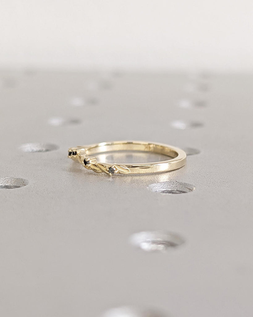 Black Diamond Curved Wedding Band: Platinum or Gold Leaf Ring, Branch Twig Nature Wedding Ring, Stacking Ring, Matching Band image #7