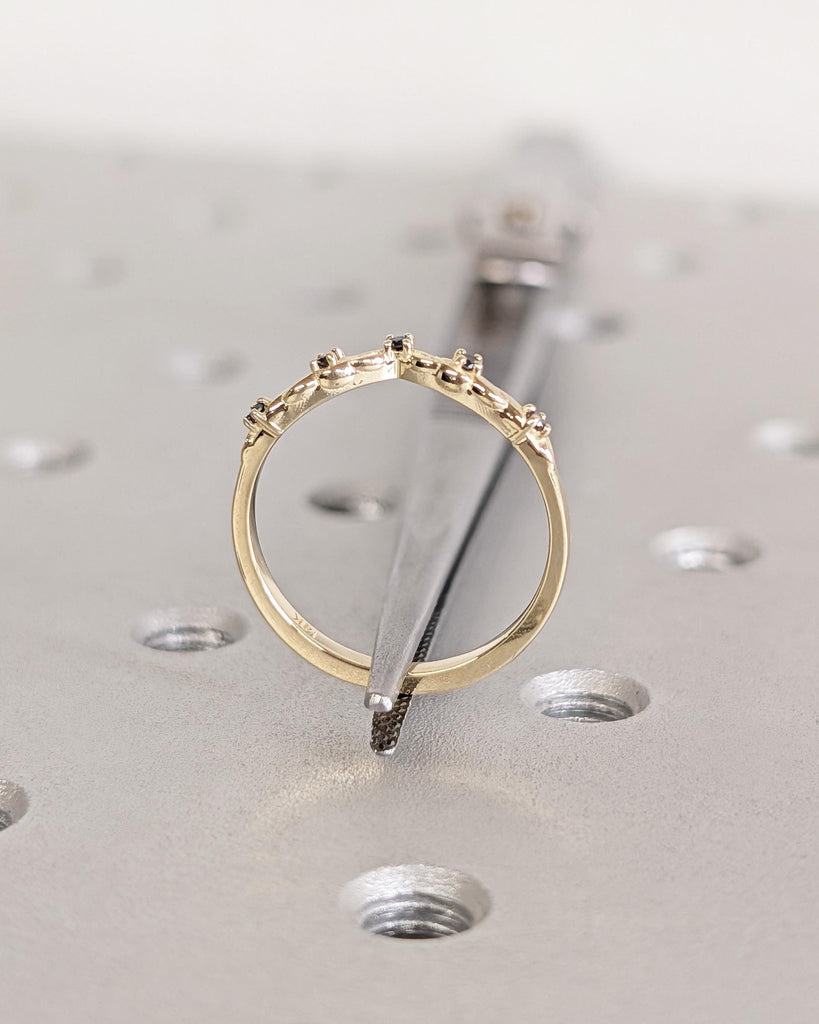 Black Diamond Curved Wedding Band: Platinum or Gold Leaf Ring, Branch Twig Nature Wedding Ring, Stacking Ring, Matching Band image #9