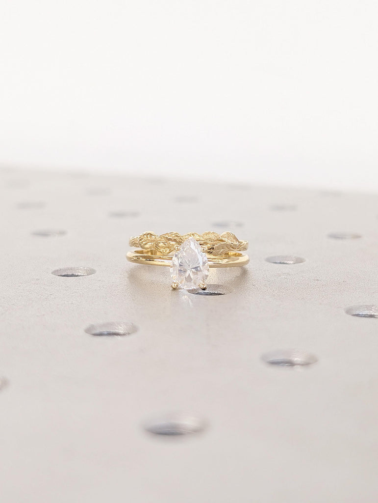 Pear Lab Grown Diamond Ring, 18k Gold Solitaire Ring Set, Nature Inspired Engagement Rings image #15