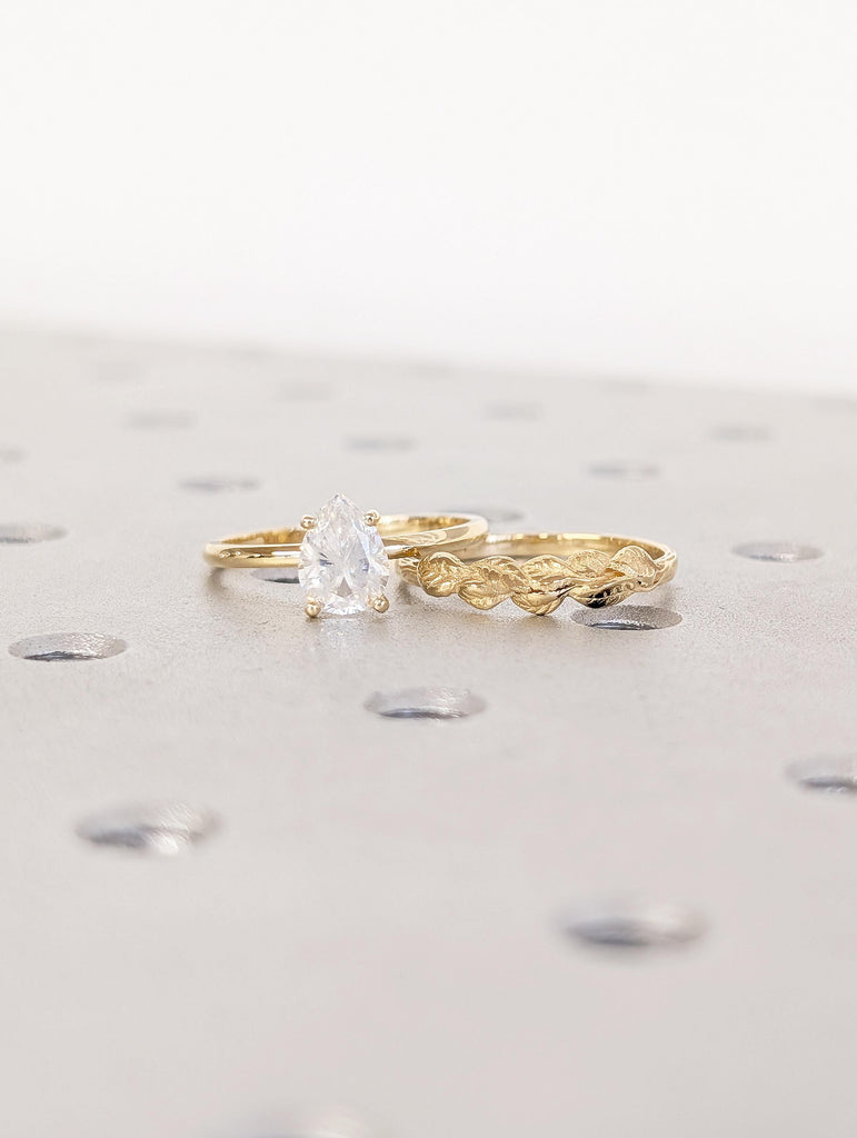 Pear Lab Grown Diamond Ring, 18k Gold Solitaire Ring Set, Nature Inspired Engagement Rings image #16