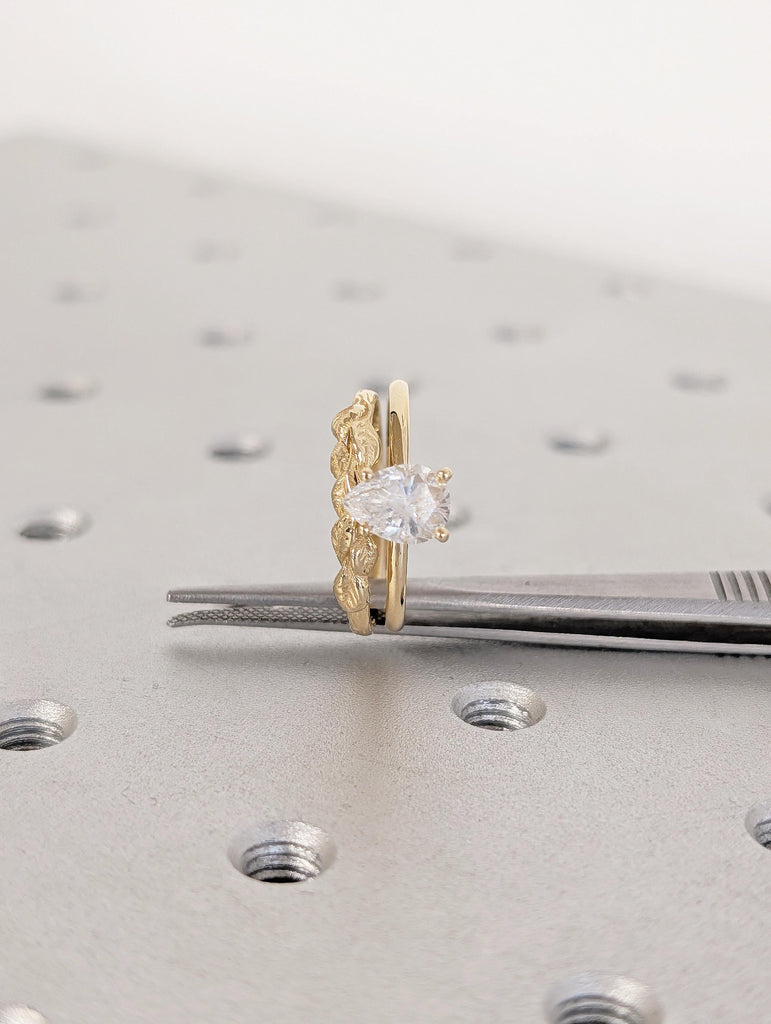 Pear Lab Grown Diamond Ring, 18k Gold Solitaire Ring Set, Nature Inspired Engagement Rings image #9
