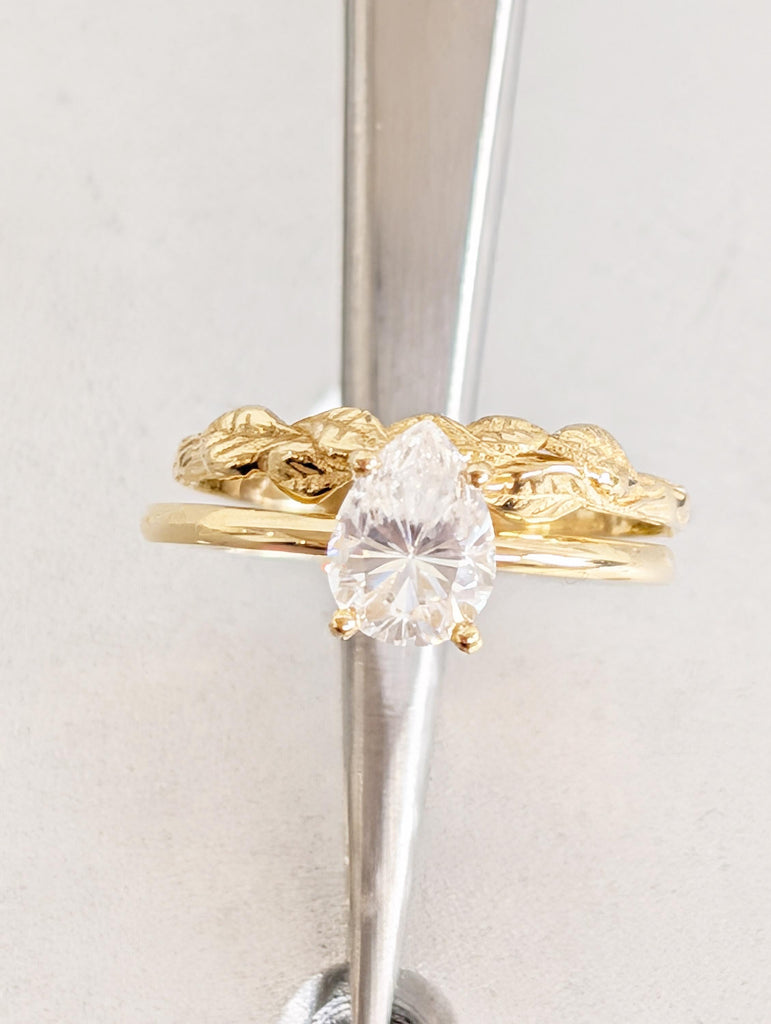 Pear Lab Grown Diamond Ring, 18k Gold Solitaire Ring Set, Nature Inspired Engagement Rings image #18