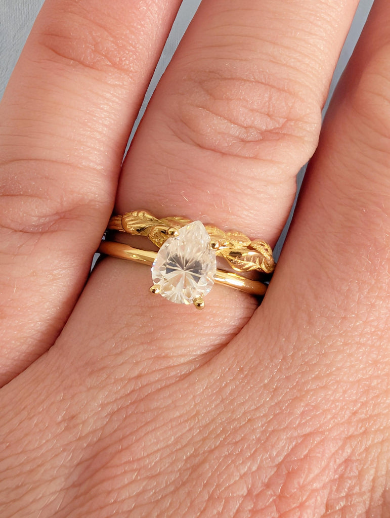 Pear Lab Grown Diamond Ring, 18k Gold Solitaire Ring Set, Nature Inspired Engagement Rings image #14