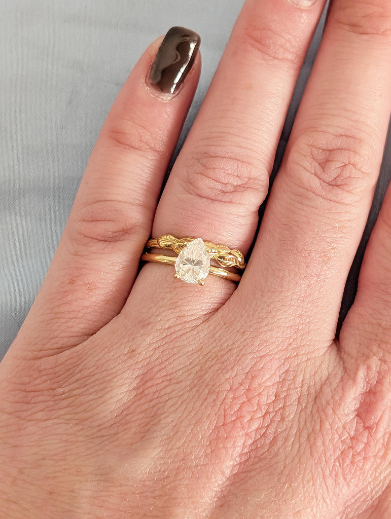 Pear Lab Grown Diamond Ring, 18k Gold Solitaire Ring Set, Nature Inspired Engagement Rings image #19