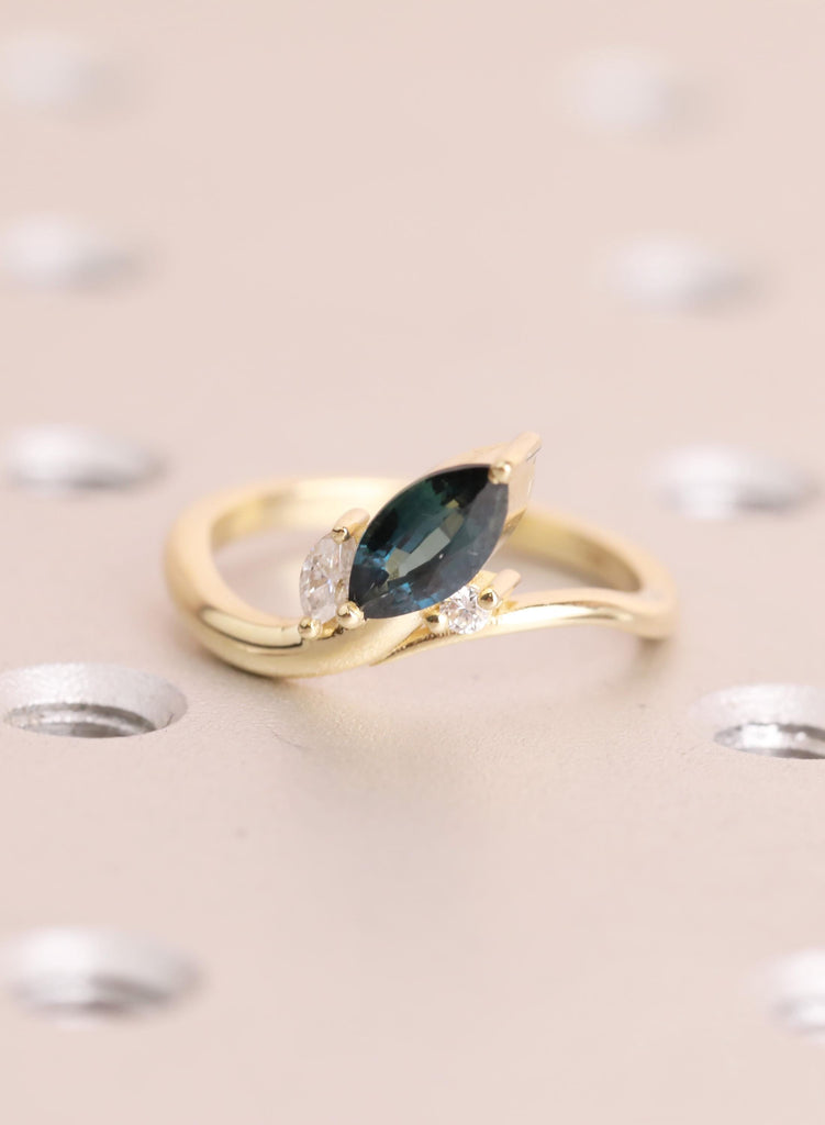 Vintage Marquise Teal Sapphire Engagement Ring: 14K Gold, Round Side Diamond / Lab Diamond / Moissanite image #2