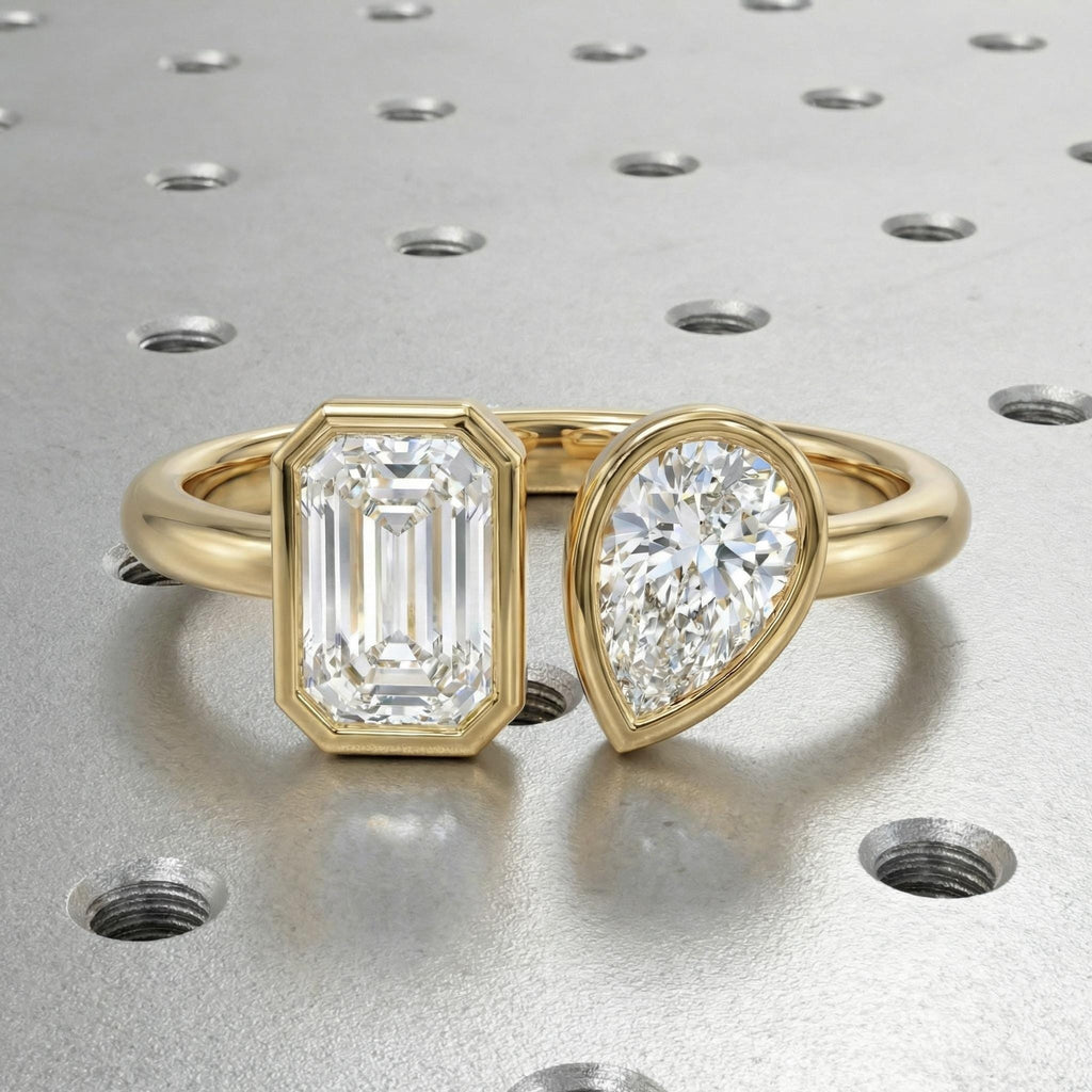 Open Band Lab Diamond Engagement Ring | Two Stone Diamond Cuff Ring | 14k Yellow Gold Minimal Stackable Ring for Her | Anniversary Gift