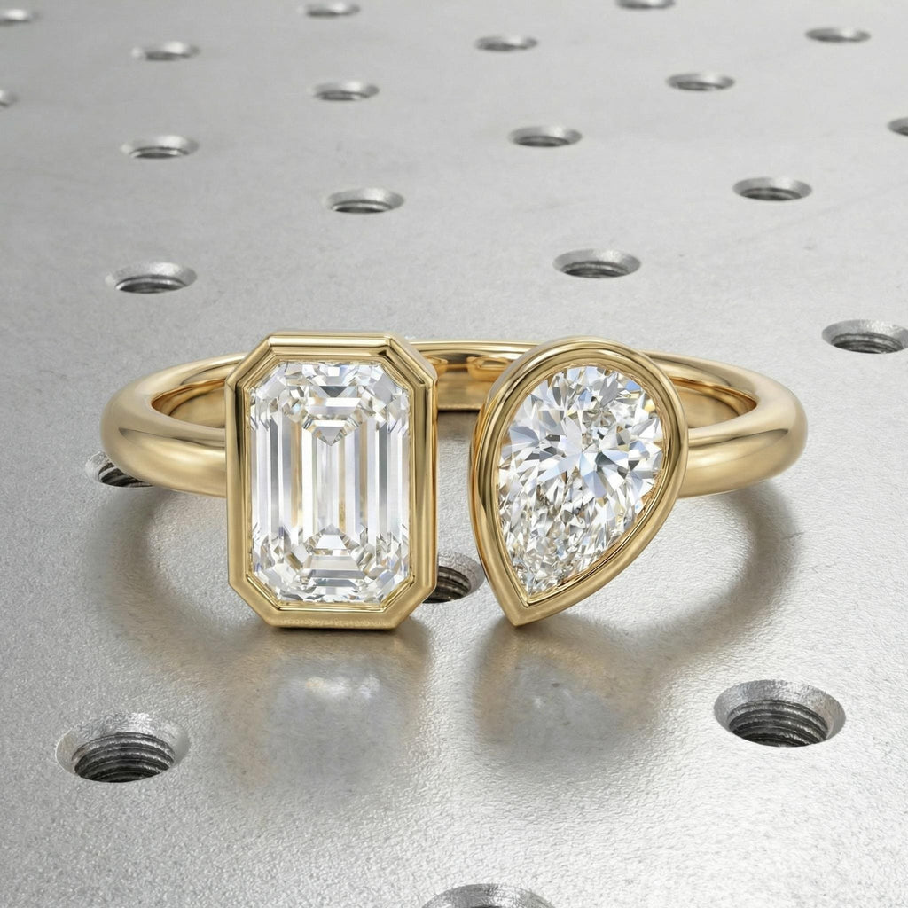 You N Me Wedding Ring | Emerald and Pear cut Moissanite Toi et Moi Engagement Ring | Bezel set Gold Rings for Women image #3