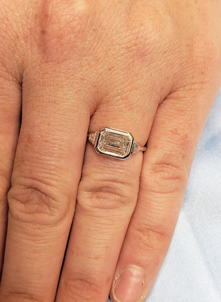 Emerald Cut Lab Diamond Engagement Ring, 14K Gold Bezel Set, Tapered Baguette Sides