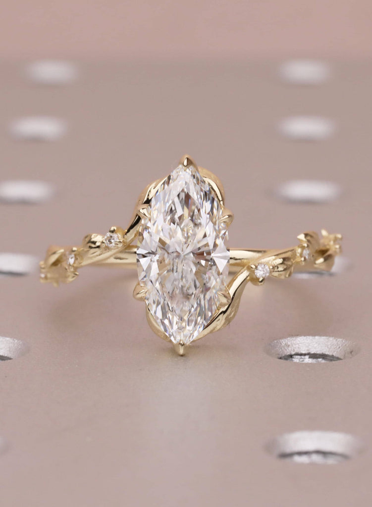 Marquise Moissanite Engagement Ring, 14K Yellow Gold, Art Deco Vine Leaf Ring, Flower Petal Prong Organic Promise Anniversary Ring For Her