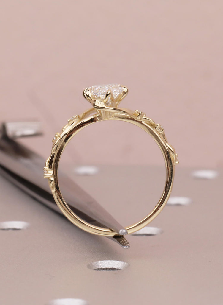 Marquise Moissanite Engagement Ring, 14K Yellow Gold, Art Deco Vine Leaf Ring, Flower Petal Prong Organic Promise Anniversary Ring For Her image #5