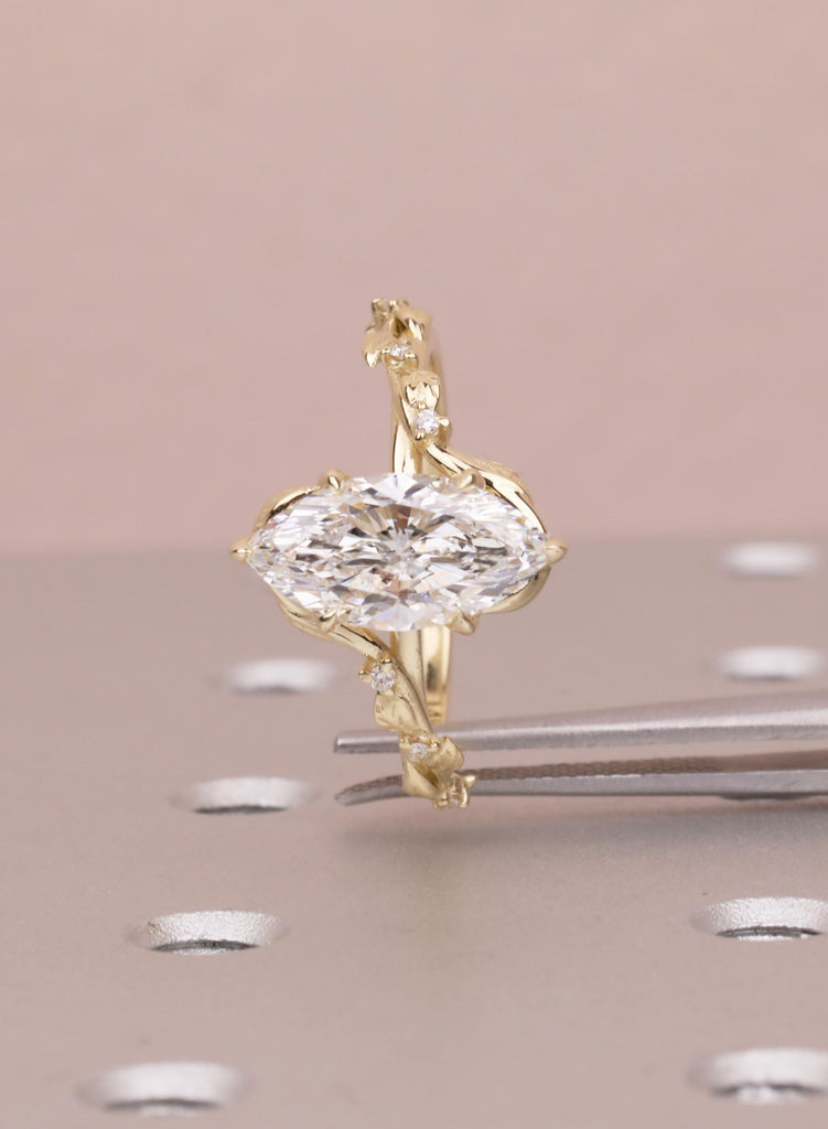 Marquise Moissanite Engagement Ring, 14K Yellow Gold, Art Deco Vine Leaf Ring, Flower Petal Prong Organic Promise Anniversary Ring For Her image #6