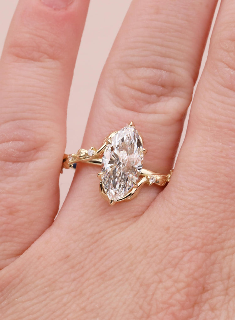 Marquise Moissanite Engagement Ring, 14K Yellow Gold, Art Deco Vine Leaf Ring, Flower Petal Prong Organic Promise Anniversary Ring For Her image #2