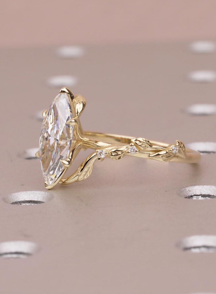 Marquise Moissanite Engagement Ring, 14K Yellow Gold, Art Deco Vine Leaf Ring, Flower Petal Prong Organic Promise Anniversary Ring For Her image #10